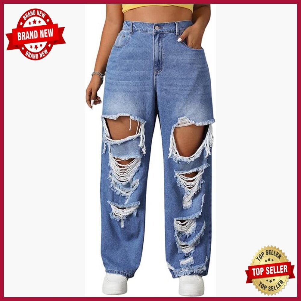 Plus Size High Waist Distressed Straight Leg Denim Jeans Loose Fit